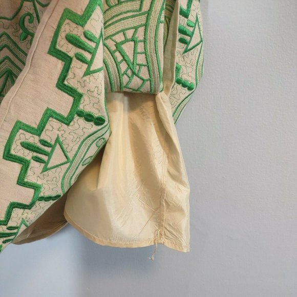 Madison Women's L Beige Linen Skirt Green Embroidery Elastic Waist Lined Boho - Picture 4 of 10